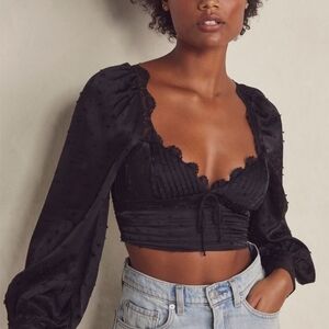 For Love And Lemons Black Puff Sleeve Crop Top